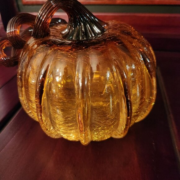 5" H Hand-Blown Glass Pumpkin Decoration with Crackled Finish in Amber & Brown - Picture 3 of 7